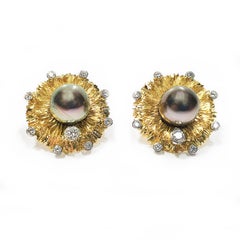 Paul Amey 18k Gold, Diamond and Black Pearl "Carnation" Stud Earrings