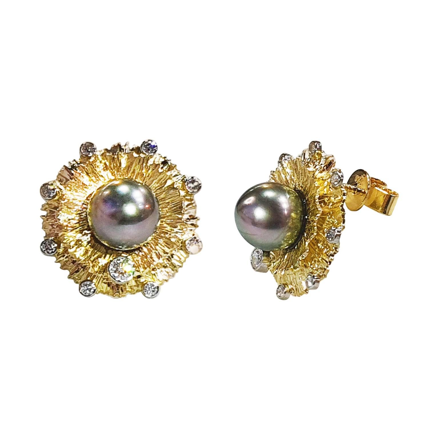 Paul Amey 18k Gold, Diamond and Black Pearl "Carnation" Stud Earrings For Sale