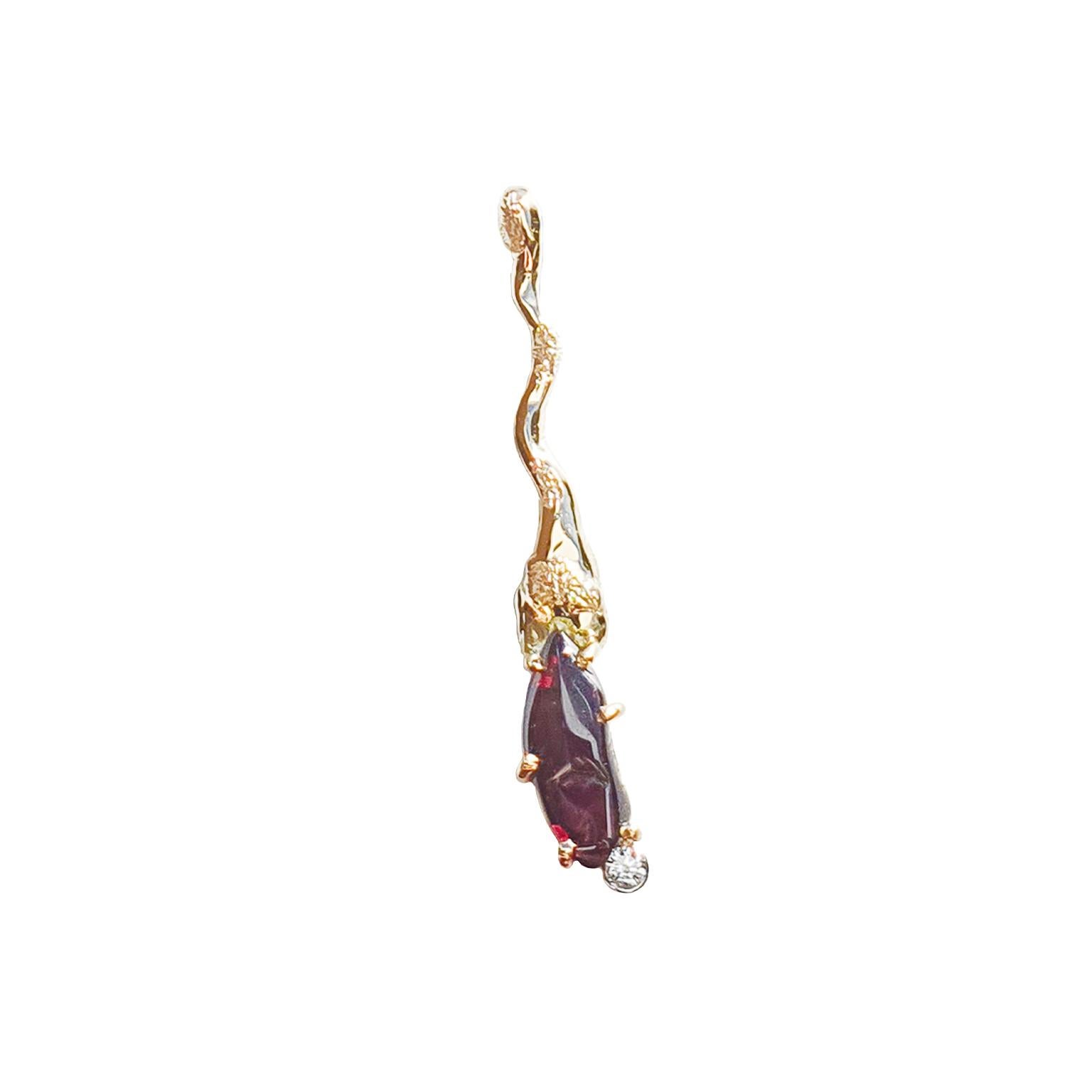 Paul Amey’s natural polished garnet pendant and earring set is elegantly simple yet sophisticated.

The natural garnet pendant is created from 18K yellow gold with a 3pt round white diamond set in platinum at the base of the natural garnet. The