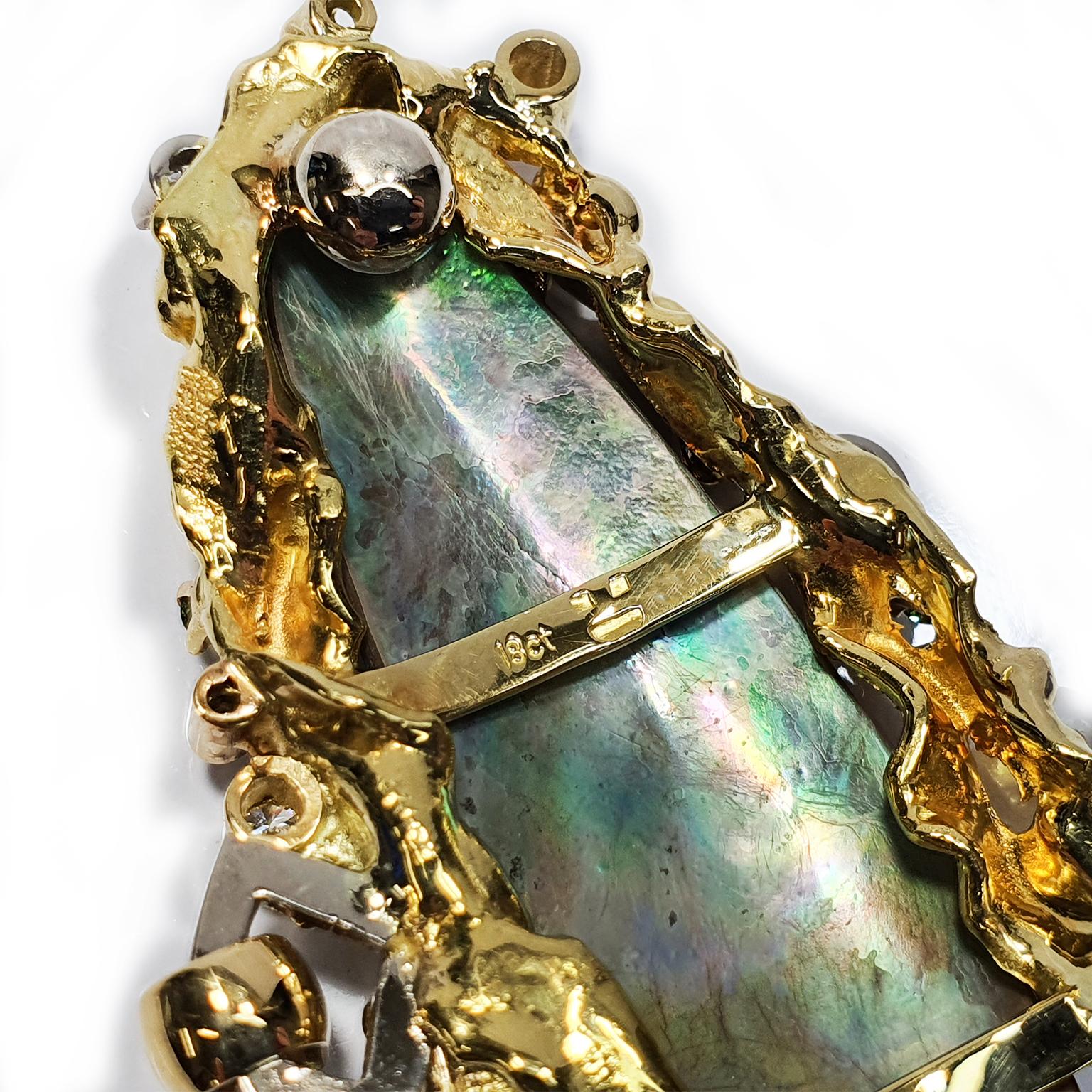 Artisan Paul Amey 18k Gold, Diamond and Paua Shell Pendant For Sale