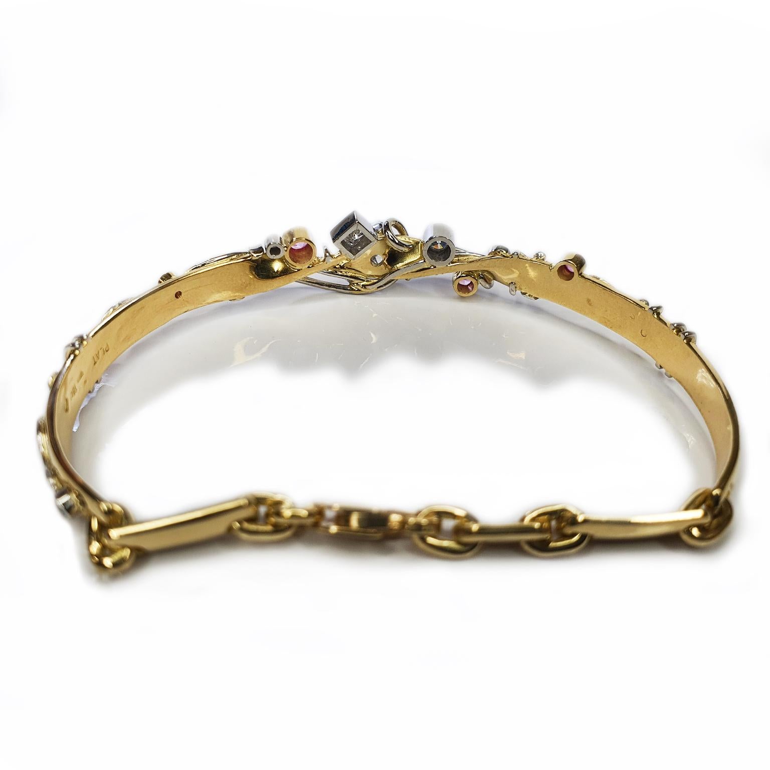 Modern Paul Amey 18K Gold, Diamond and Pink Sapphire Bangle with Platinum Vine For Sale