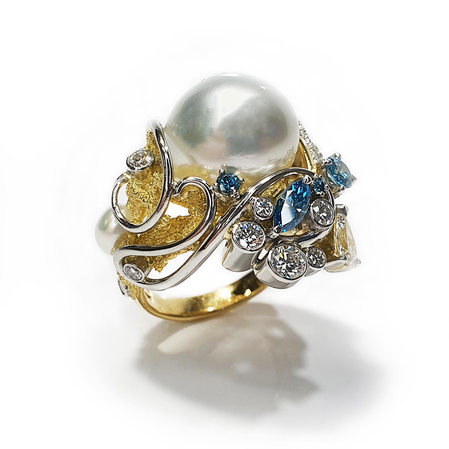 Artisan Paul Amey 18k Gold, Pearl and Diamond Cocktail Ring For Sale