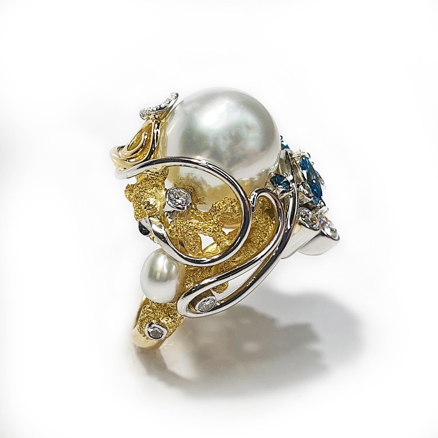 Mixed Cut Paul Amey 18k Gold, Pearl and Diamond Cocktail Ring For Sale
