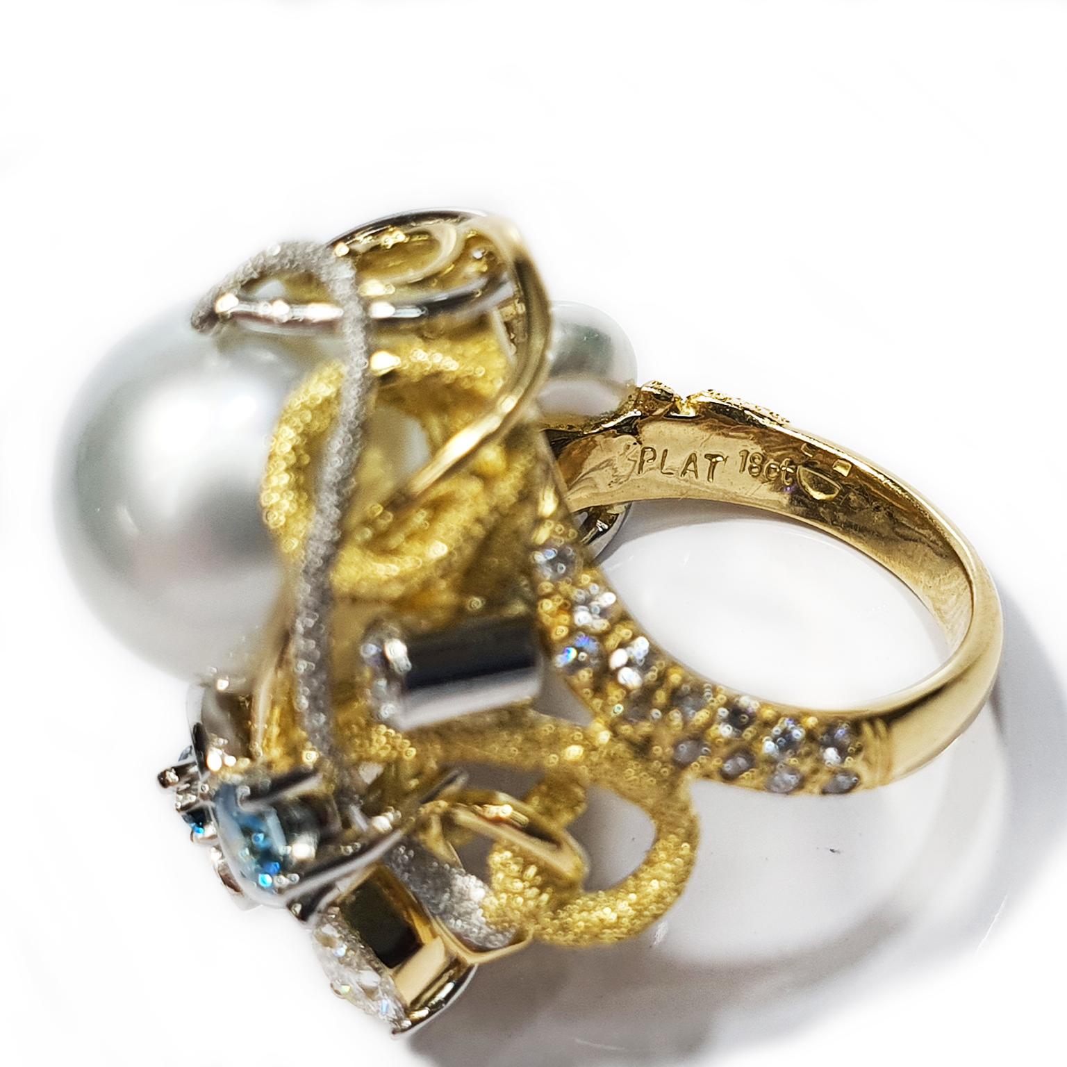 Women's Paul Amey 18k Gold, Pearl and Diamond Cocktail Ring For Sale