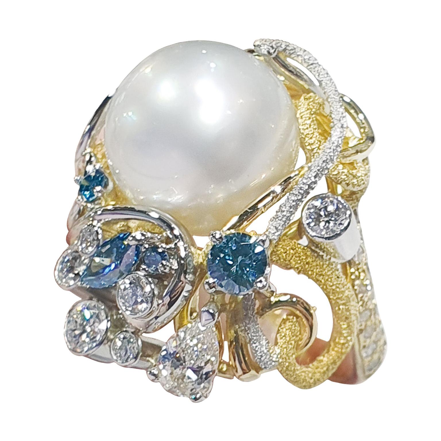 Paul Amey 18k Gold, Pearl and Diamond Cocktail Ring
