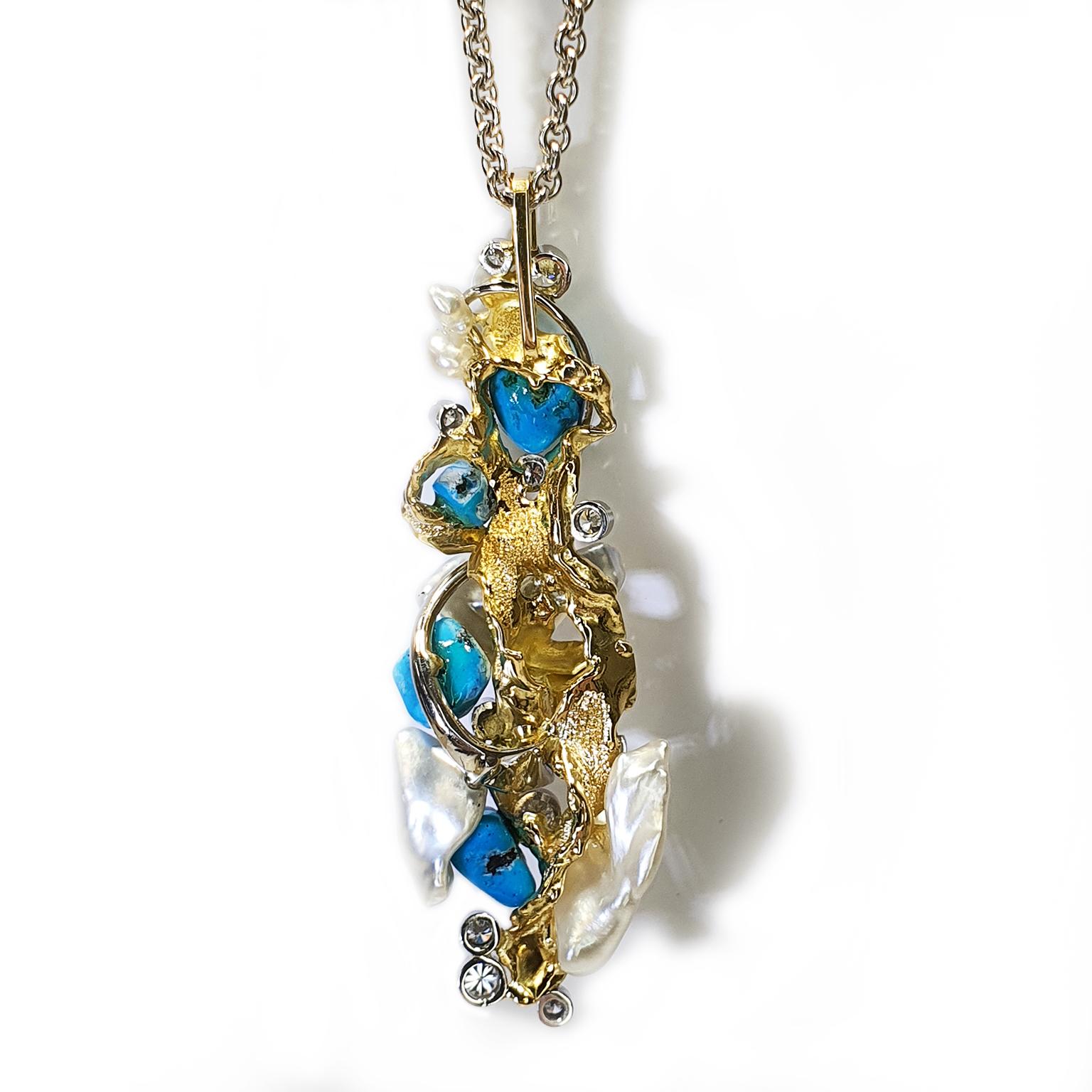 Artisan Paul Amey 18k Gold, Pearl, Turquoise and Diamond Pendant For Sale