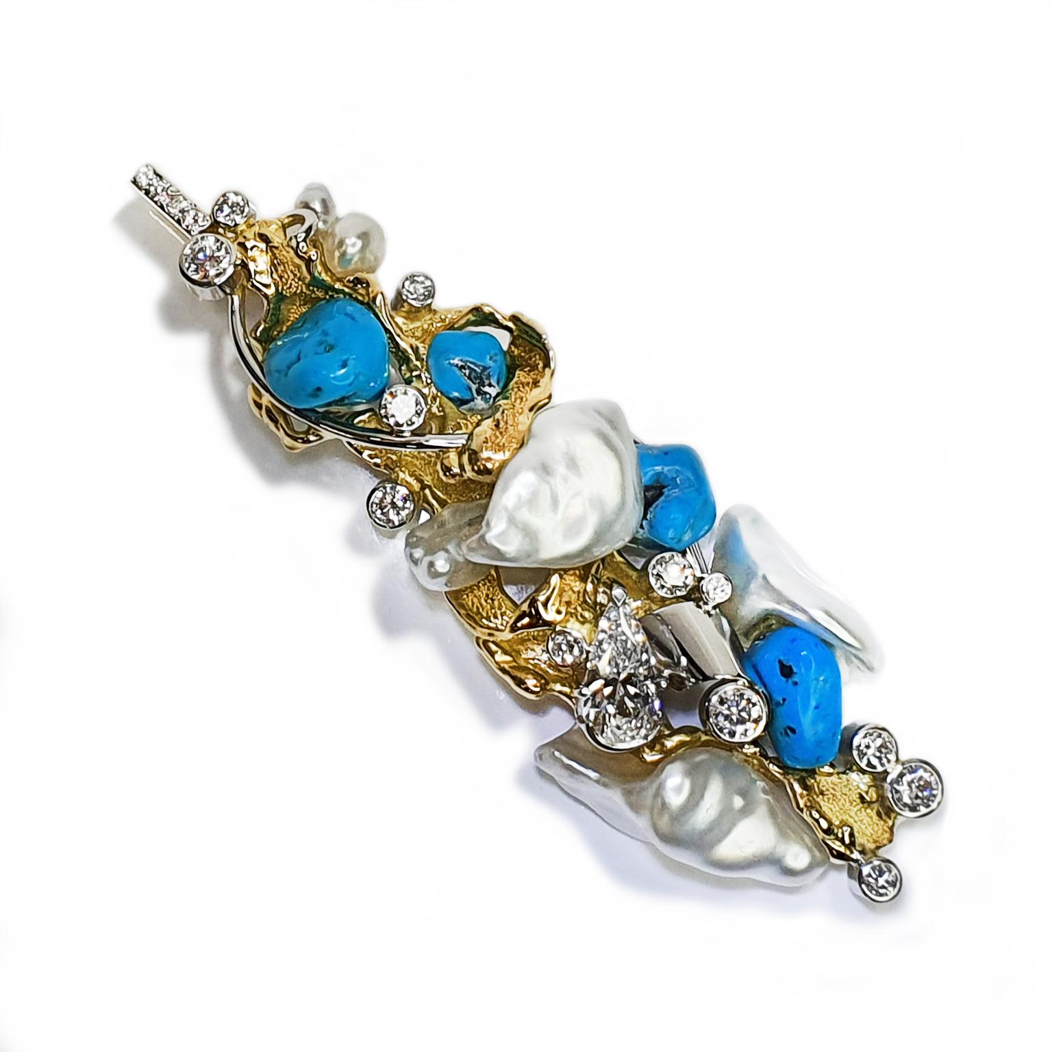 Mixed Cut Paul Amey 18k Gold, Pearl, Turquoise and Diamond Pendant For Sale