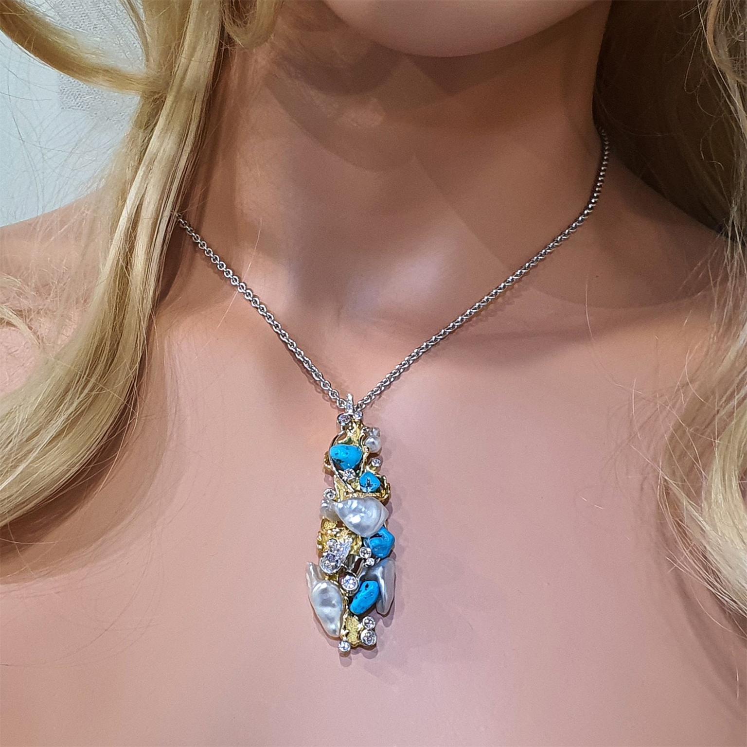 Women's Paul Amey 18k Gold, Pearl, Turquoise and Diamond Pendant For Sale