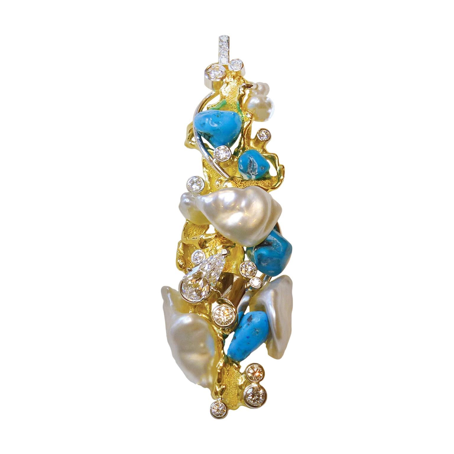 Paul Amey 18k Gold, Pearl, Turquoise and Diamond Pendant For Sale