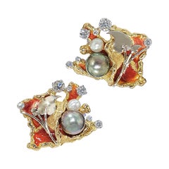 Paul Amey 18k Gold, Platinum, Diamond, Pearl and Enamel Cufflinks