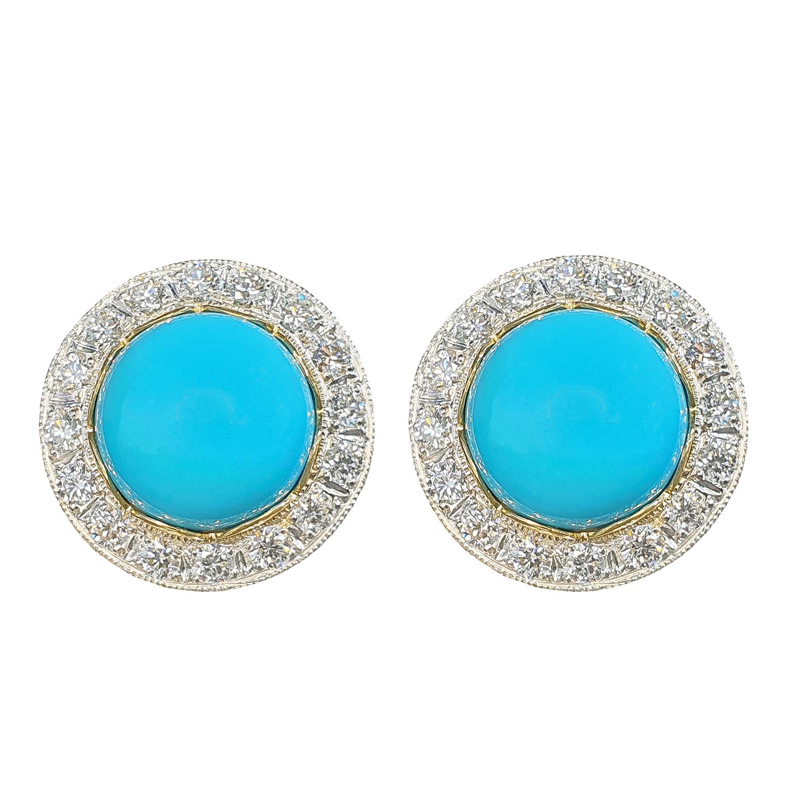Taille ronde Boucles d'oreilles Paul Amey en or 18 carats, turquoise et diamant « Sleeping Beauty » en vente
