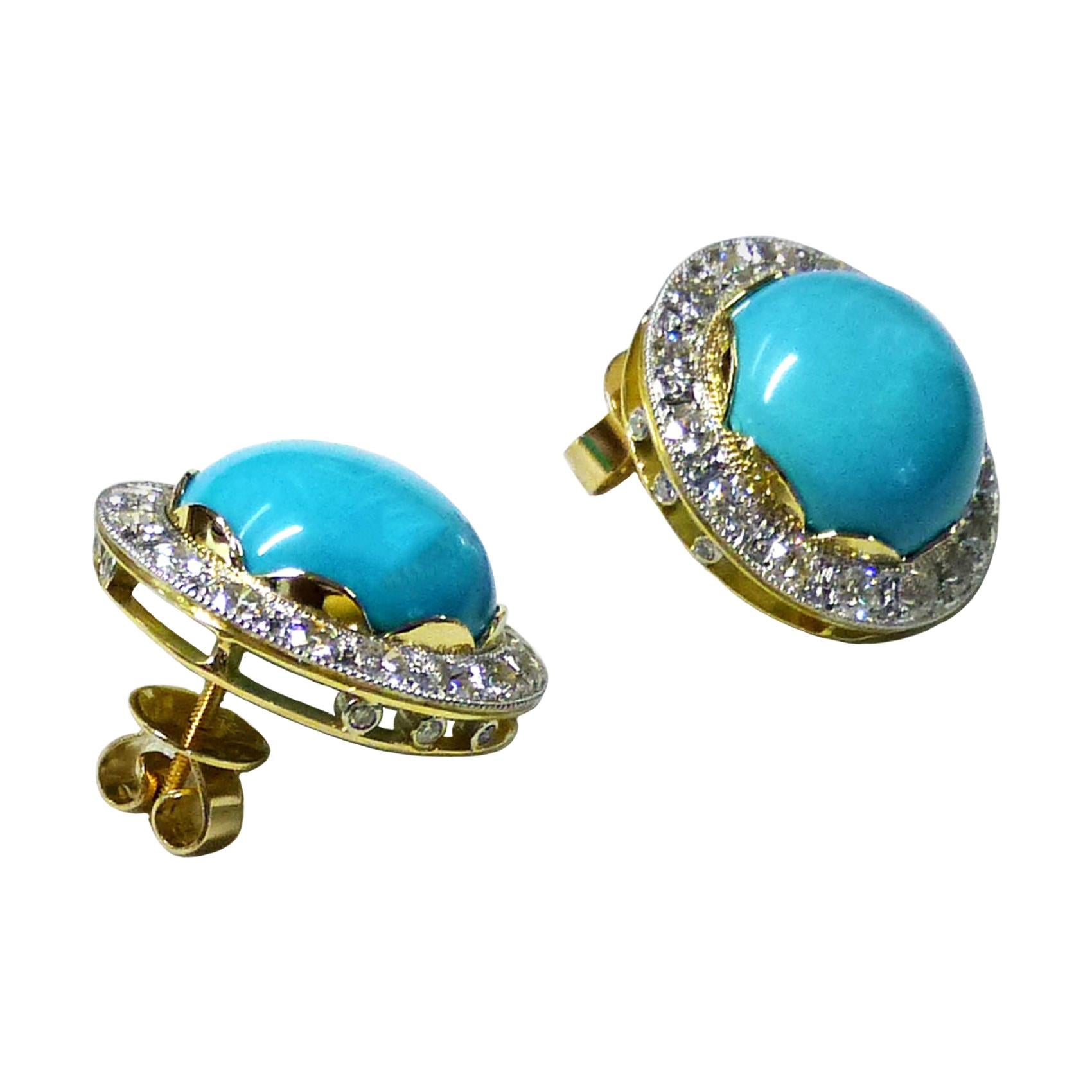 Paul Amey 18k Gold, "Sleeping Beauty" Turquoise and Diamond Earrings For Sale