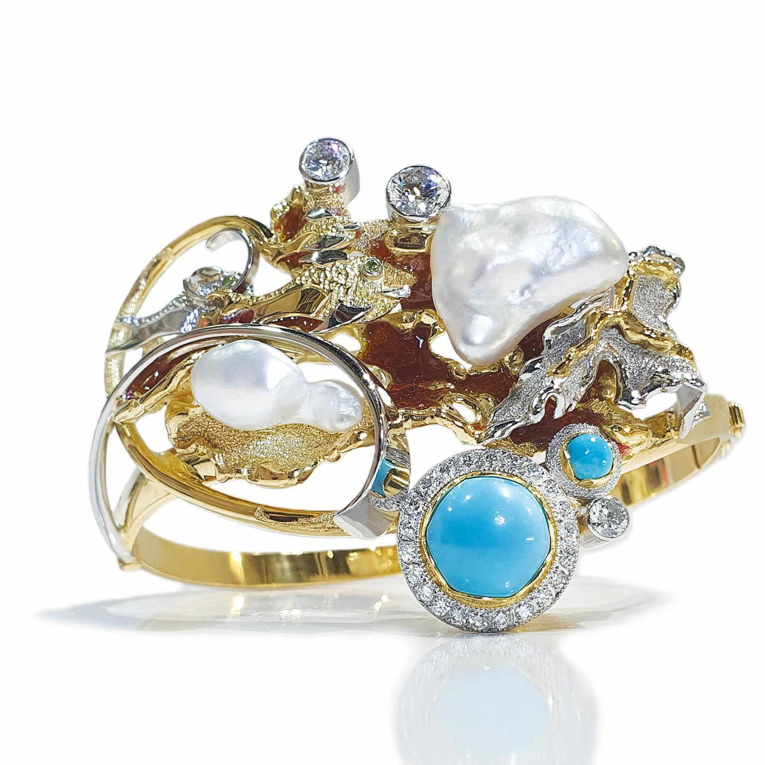 Artisan Bracelet jonc Paul Amey en or 18 carats, « Sleep Beauty » avec turquoise, diamants et perles en vente