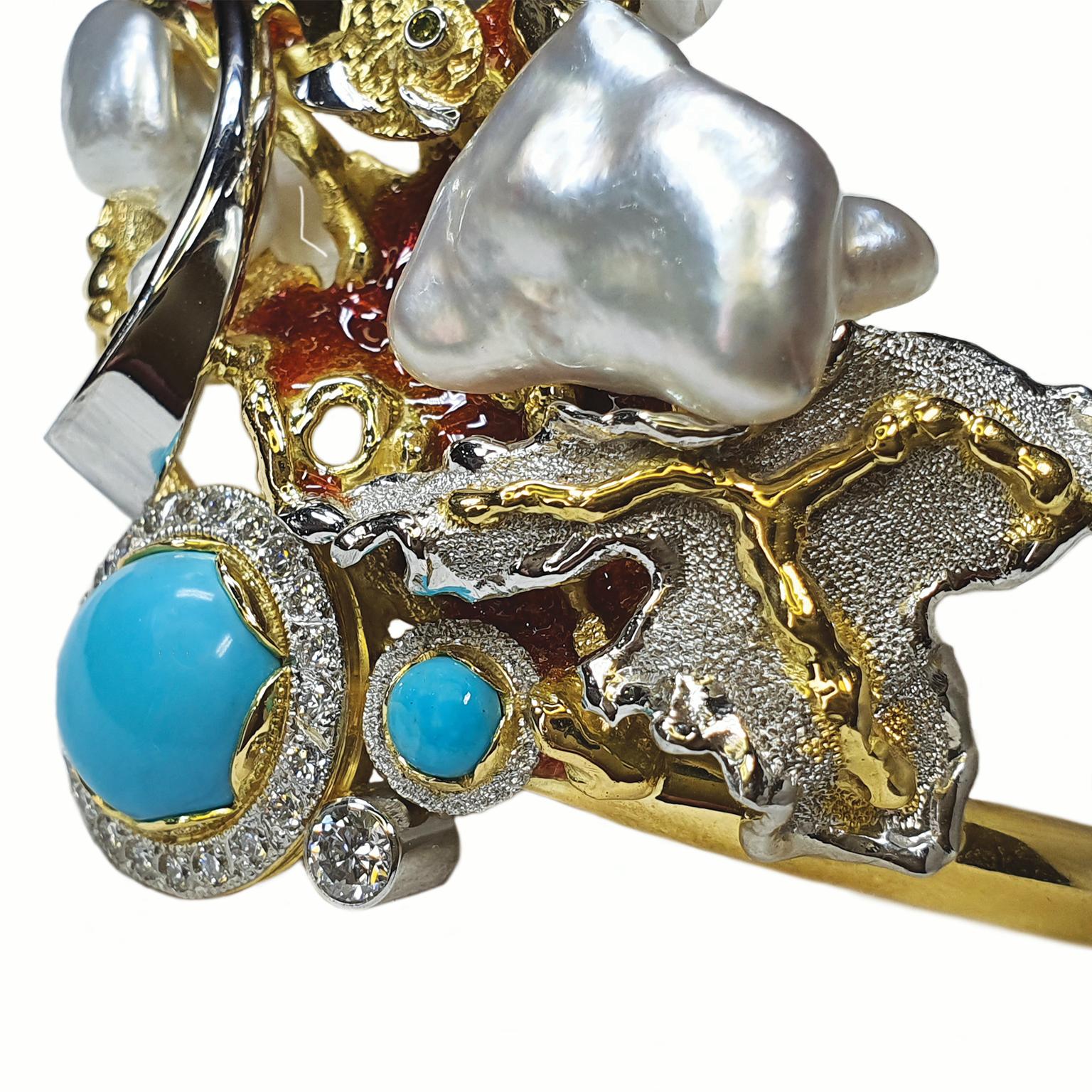 Bracelet jonc Paul Amey en or 18 carats, « Sleep Beauty » avec turquoise, diamants et perles Pour femmes en vente