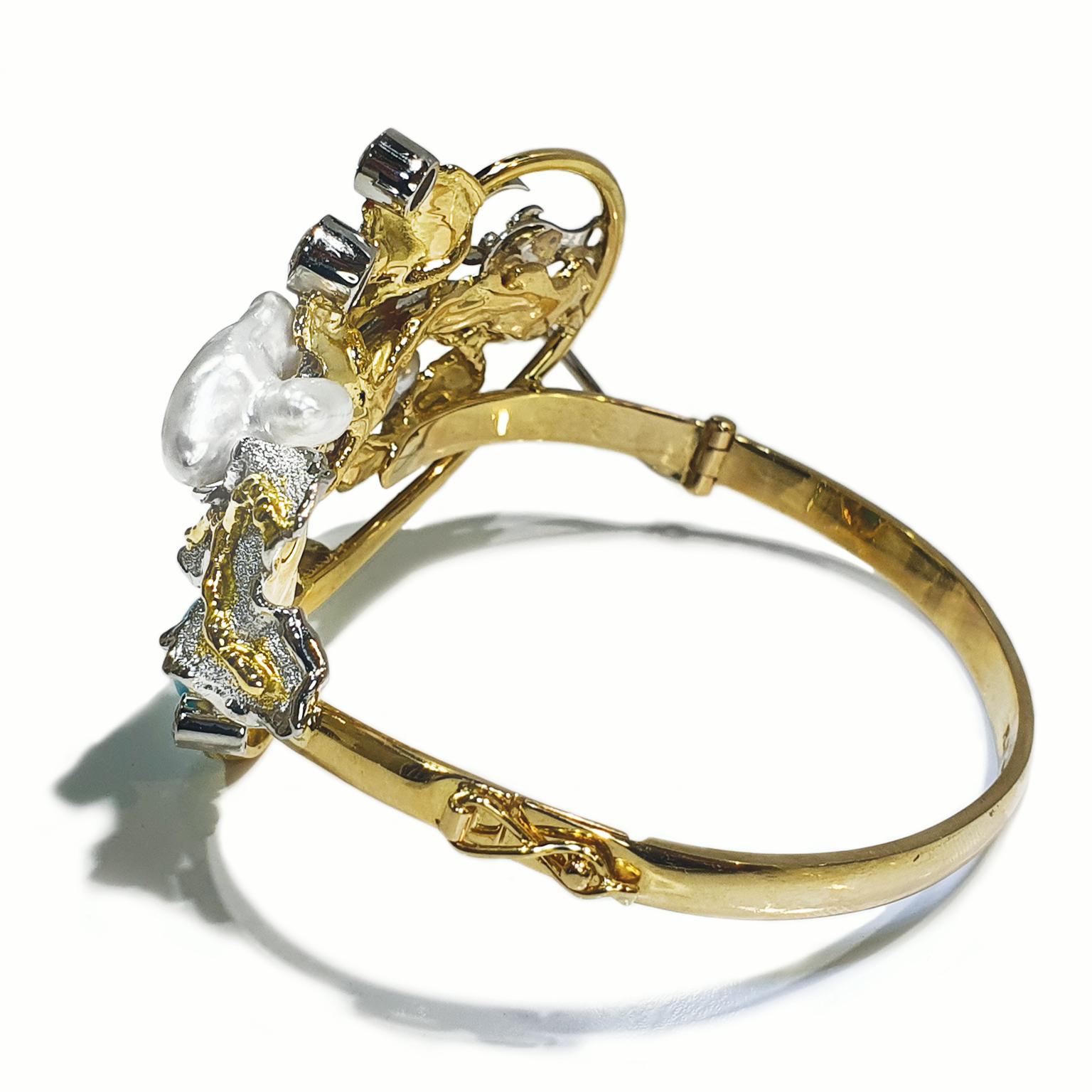 Bracelet jonc Paul Amey en or 18 carats, « Sleep Beauty » avec turquoise, diamants et perles en vente 1