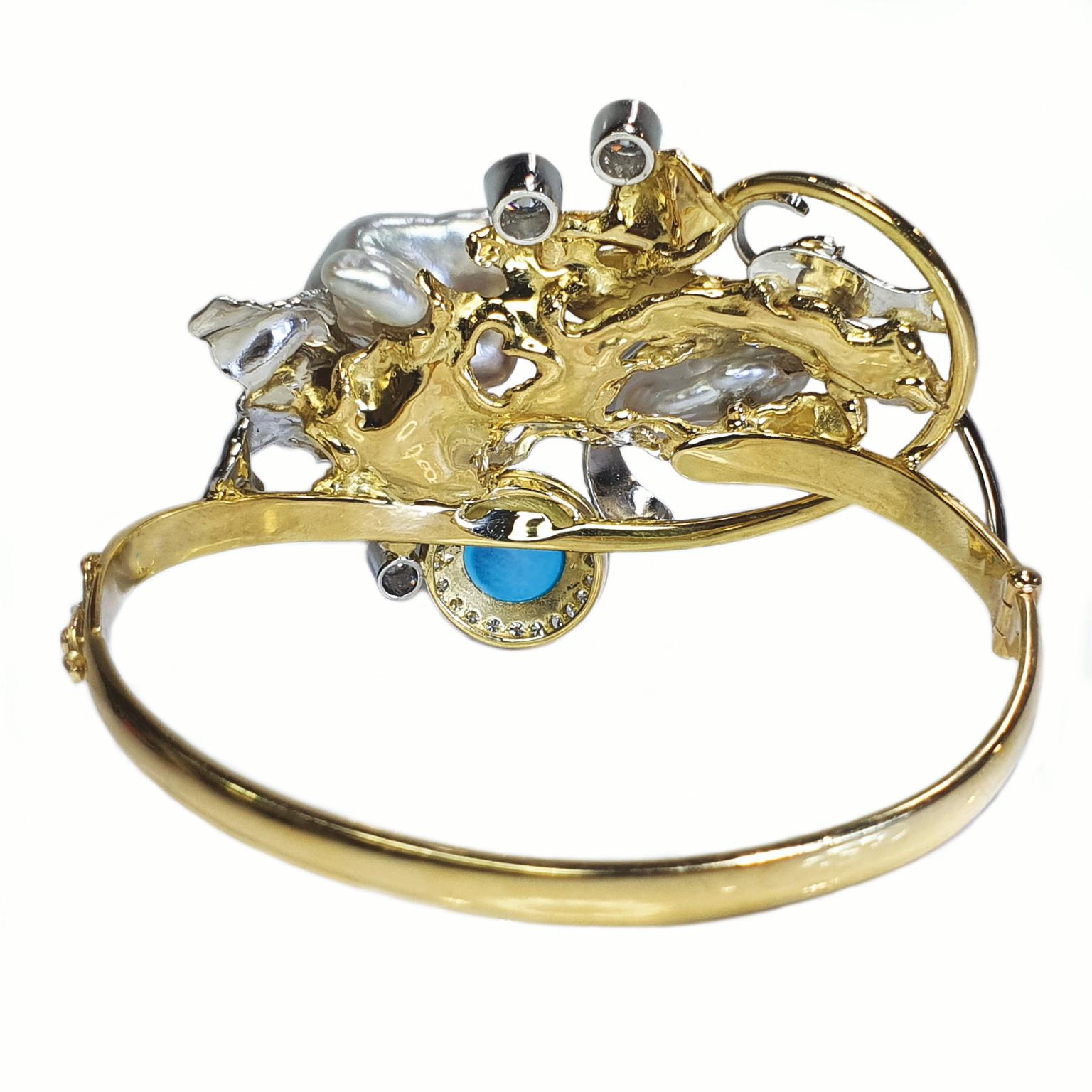 Bracelet jonc Paul Amey en or 18 carats, « Sleep Beauty » avec turquoise, diamants et perles en vente 2