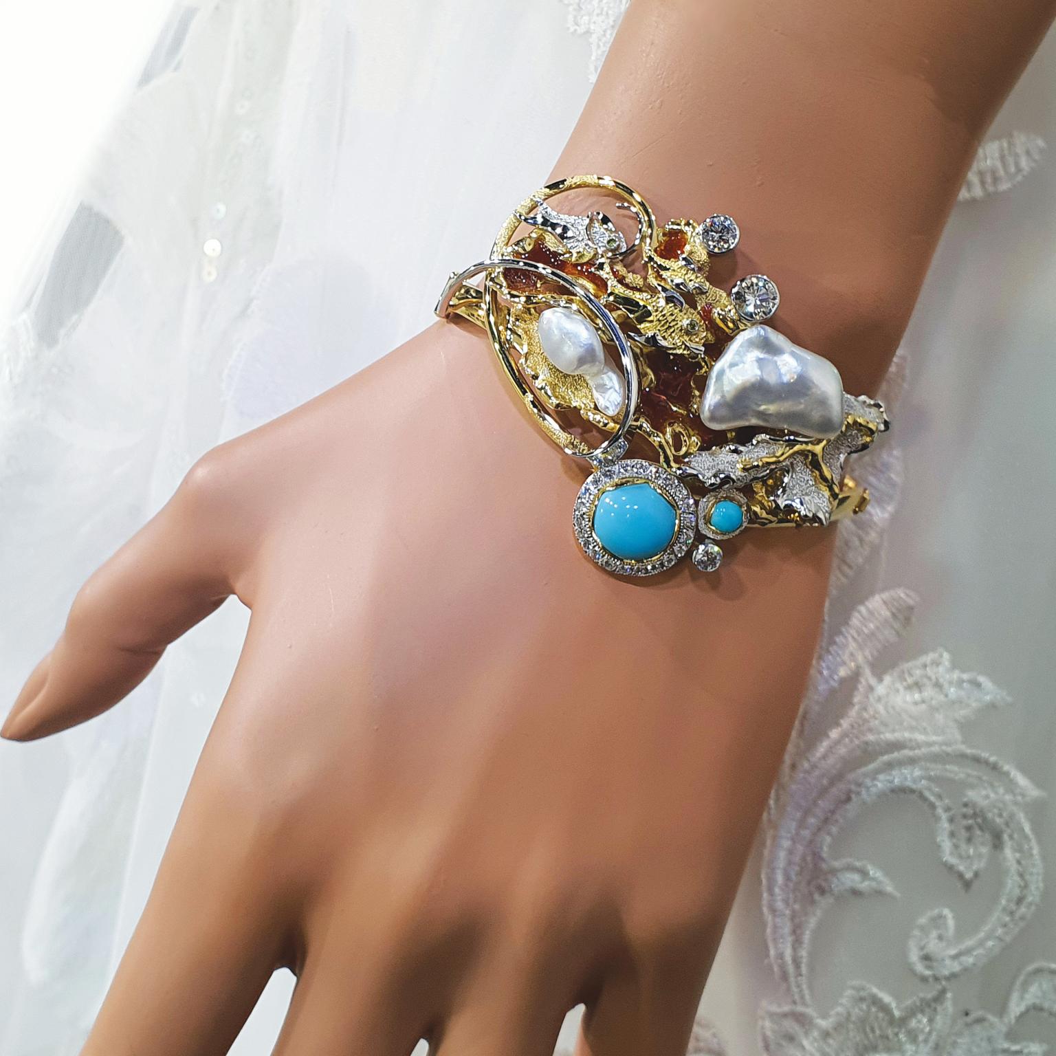 Bracelet jonc Paul Amey en or 18 carats, « Sleep Beauty » avec turquoise, diamants et perles en vente 4
