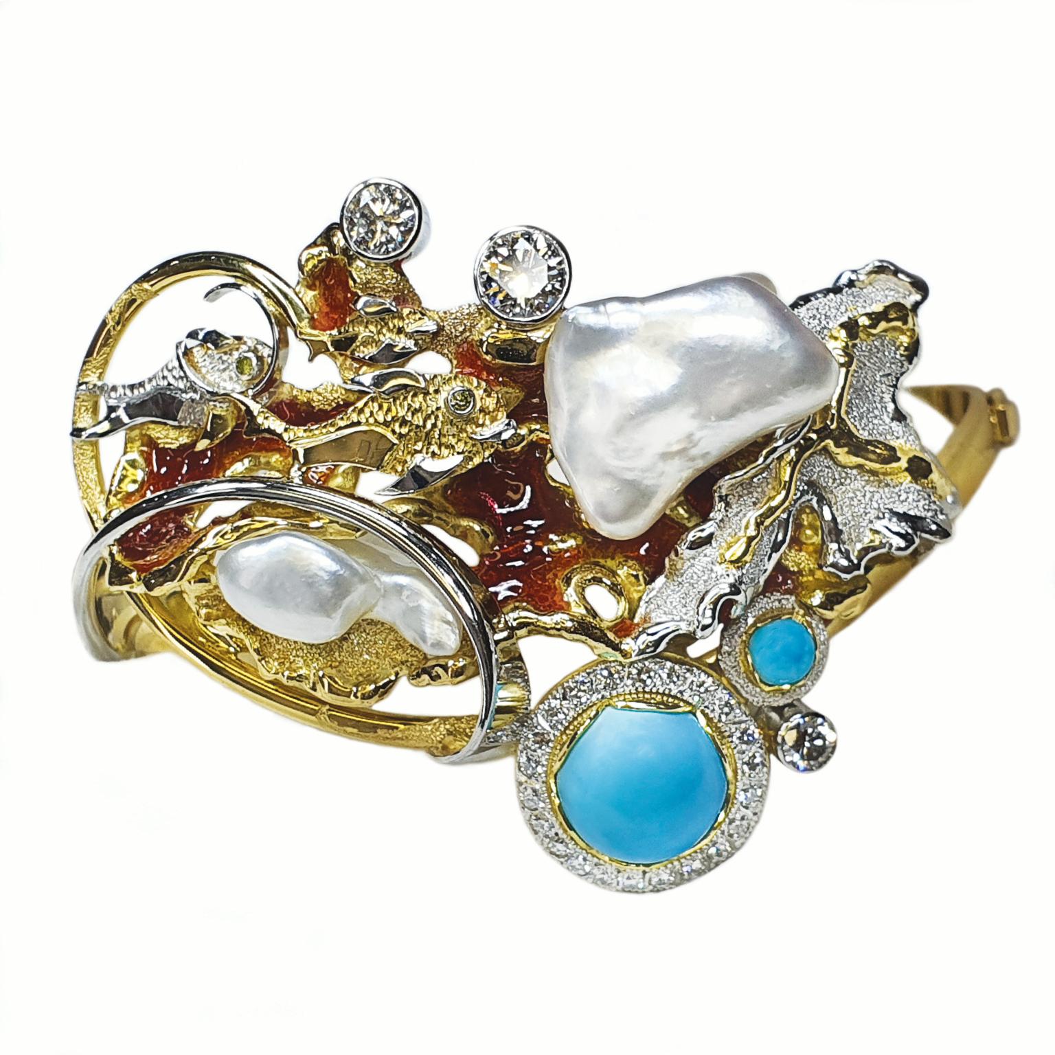 Paul Amey 18K Gold, "Sleeping Beauty" Turquoise, Diamond and Pearl Bangle