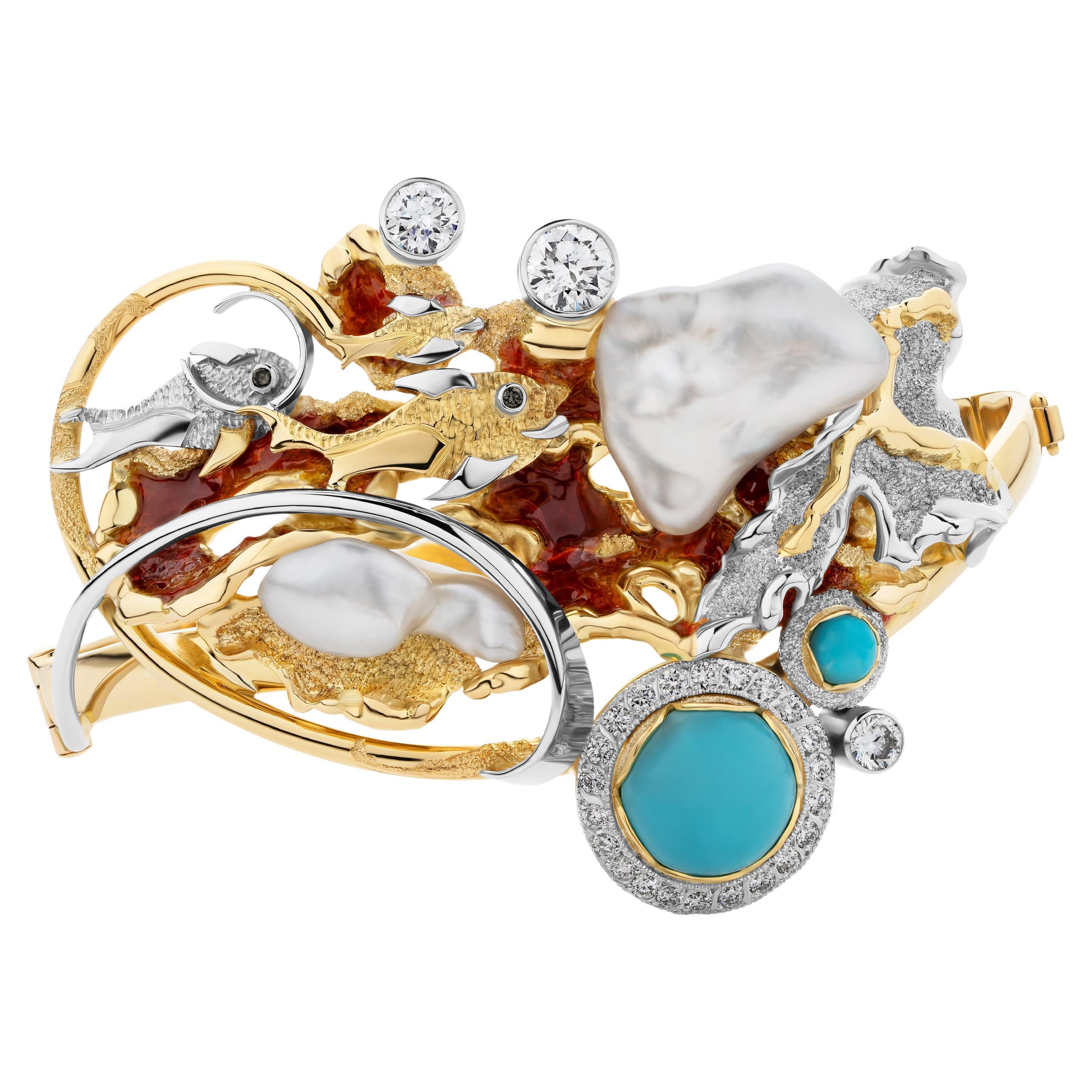 Paul Amey 18K Gold, "Sleeping Beauty" Turquoise, Diamond and Pearl Bangle For Sale