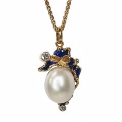 Paul Amey 18k Yellow Gold, South Sea Pearl and Blue Enamel Pendant