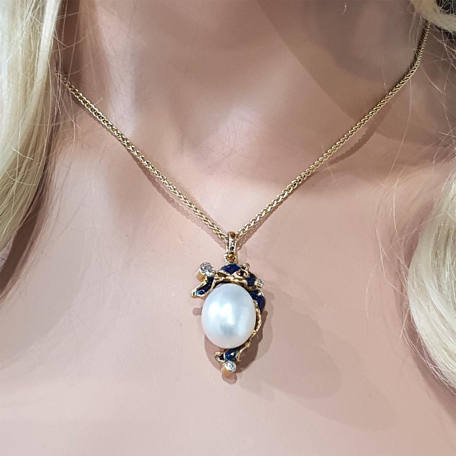 Mixed Cut Paul Amey 18k Yellow Gold, South Sea Pearl and Blue Enamel Pendant For Sale