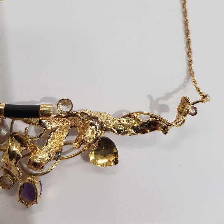Mixed Cut Paul Amey 9K Gold Amethyst, Freshwater Keshi Pearl Pendant For Sale