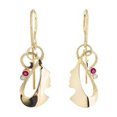Paul Amey 9k Gold, Diamond and Ruby Stylised "Silhouette" of a Lady Earrings