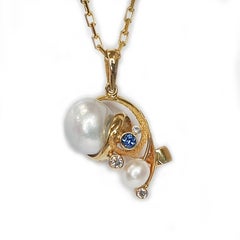 Paul Amey 9k Gold, Diamond, Keshi Pearl and Blue Sapphire Pendant