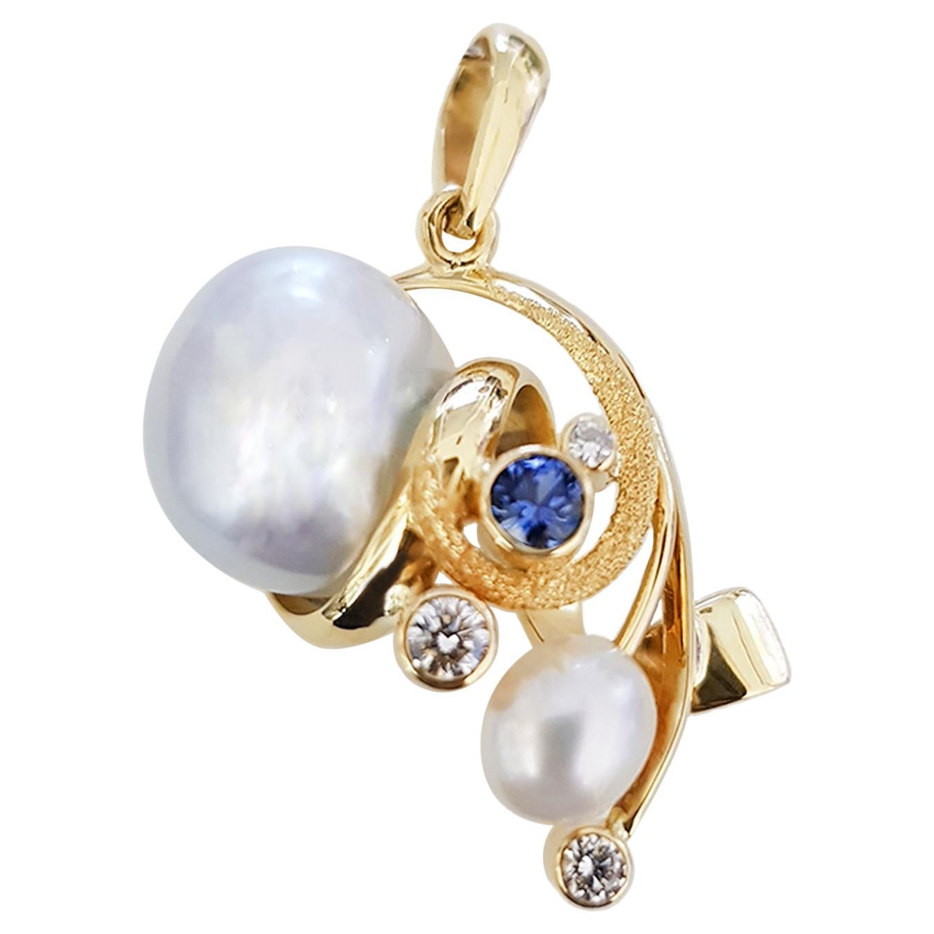 Paul Amey 9k Gold, Diamond, Keshi Pearl and Blue Sapphire Pendant For Sale