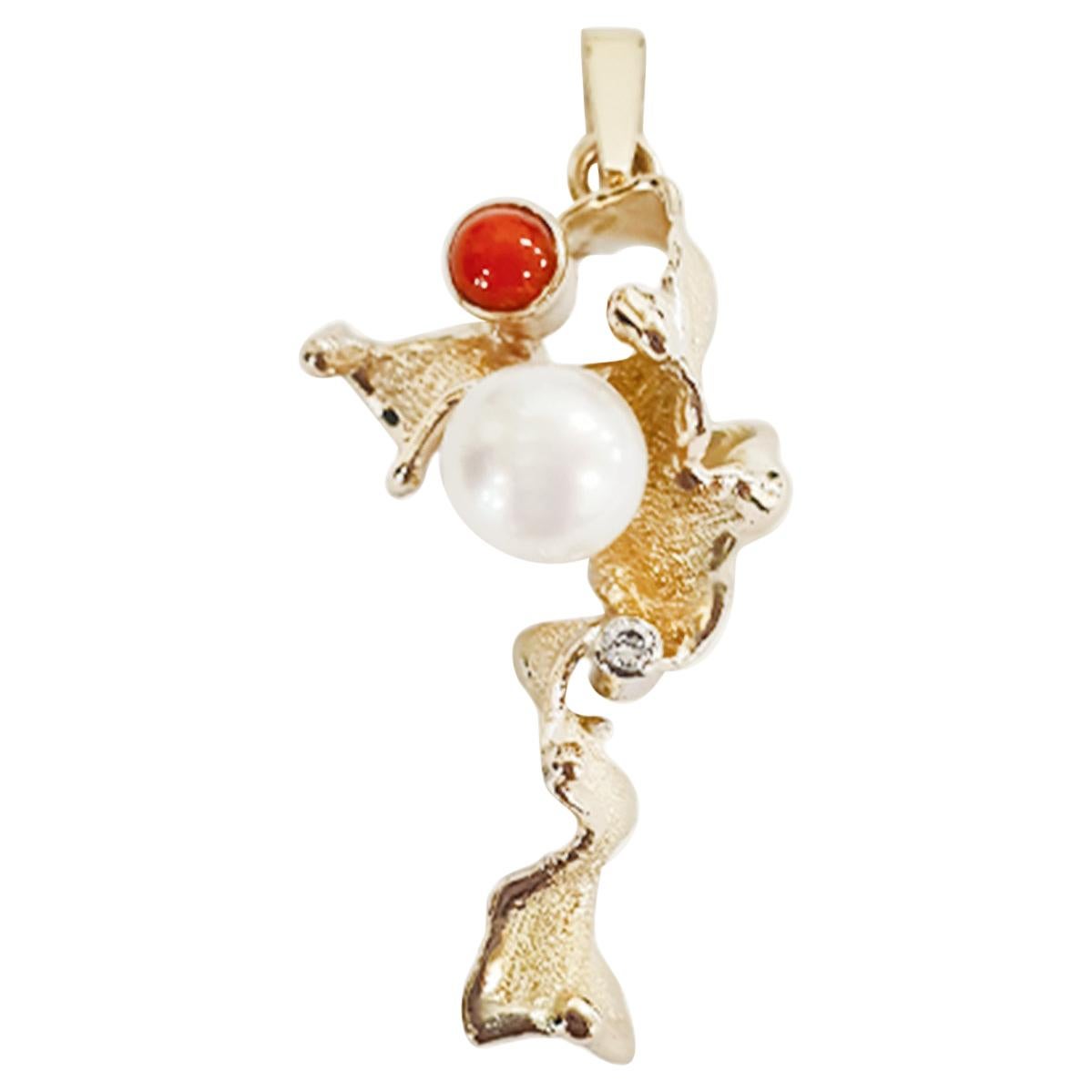 Paul Amey 9k Gold, Diamond, Pearl and Natural Red Coral Pendant