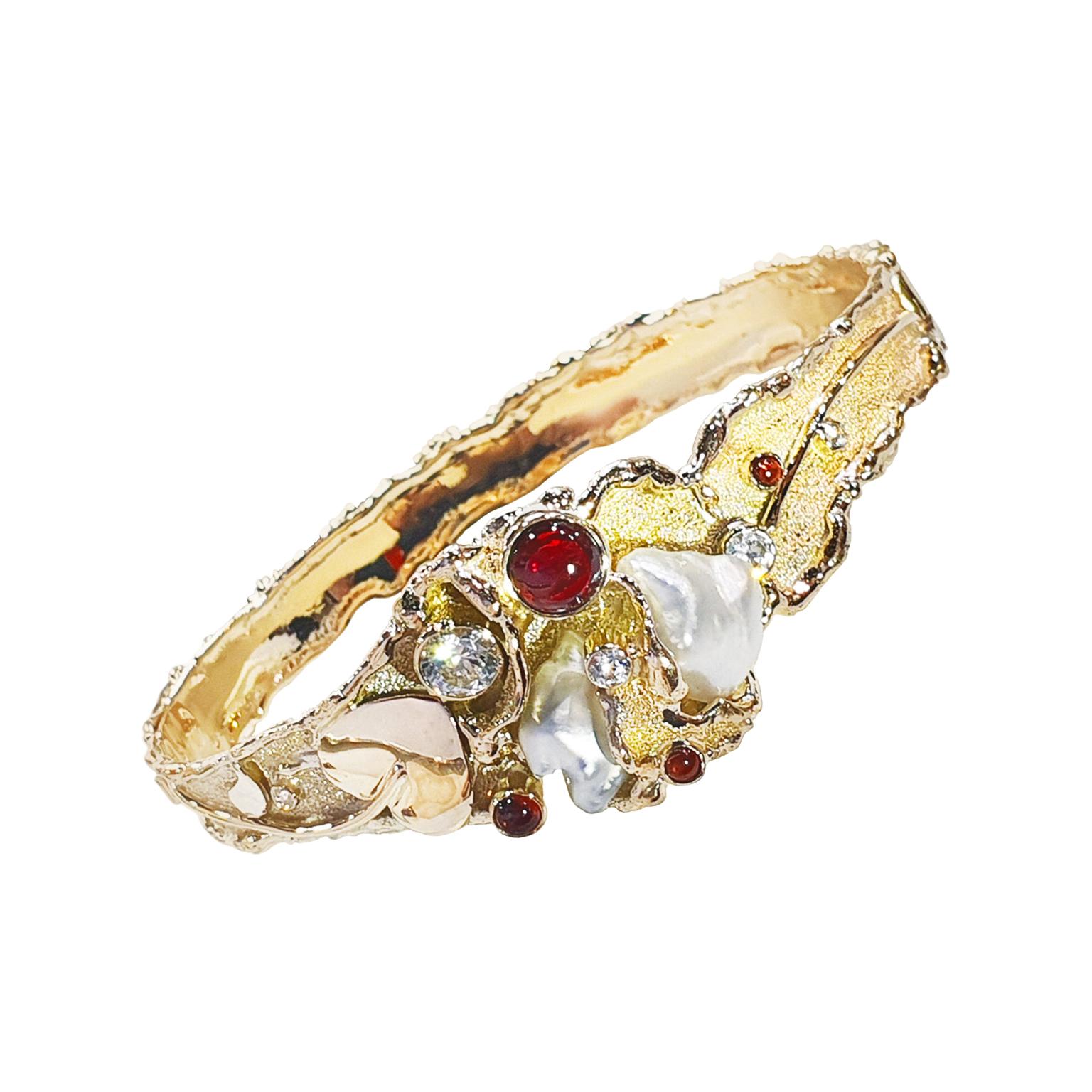 Paul Amey 9k Gold Signature Molten Edge Bangle with Garnets and Pearls For Sale
