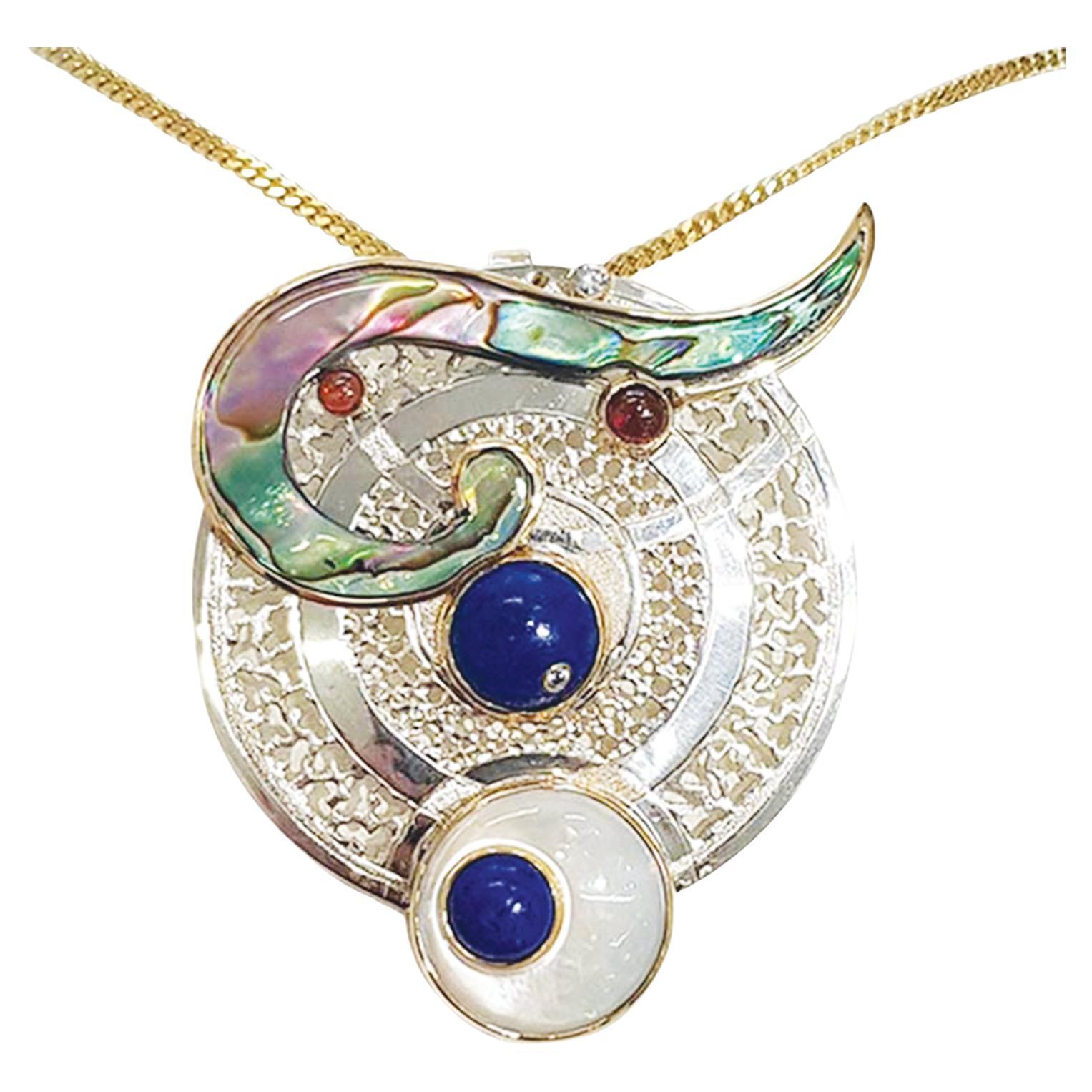 Paul Amey "Constellation" Pendant in Sterling Silver and 9K Gold and Lapis For Sale
