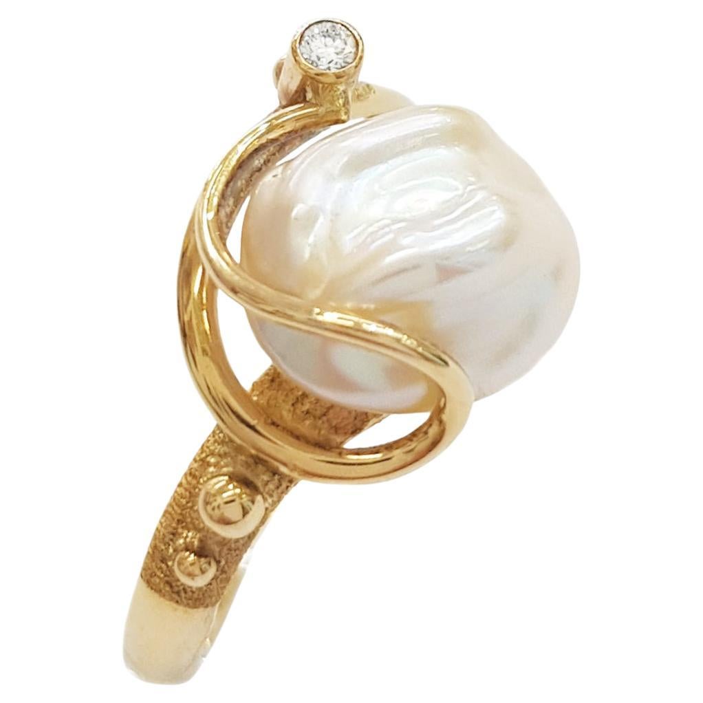Paul Amey "Dimple" Pearl and Diamond Ring in 9K Gold For Sale