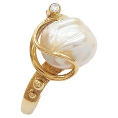 Paul Amey "Dimple" Pearl and Diamond Ring in 9K Gold