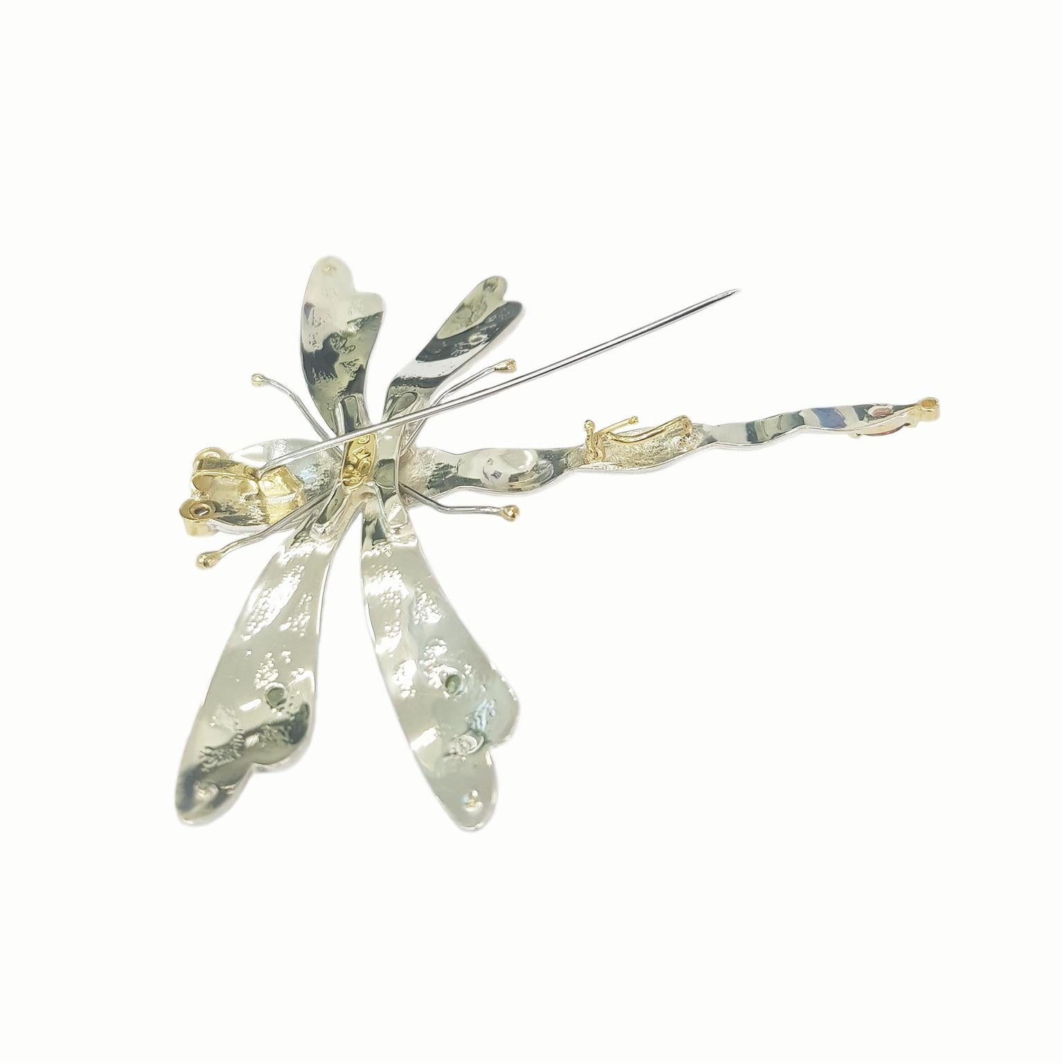 Artisan Paul Amey Dragonfly Pendant-Brooch in Sterling Silver with Diamonds and Garnets For Sale