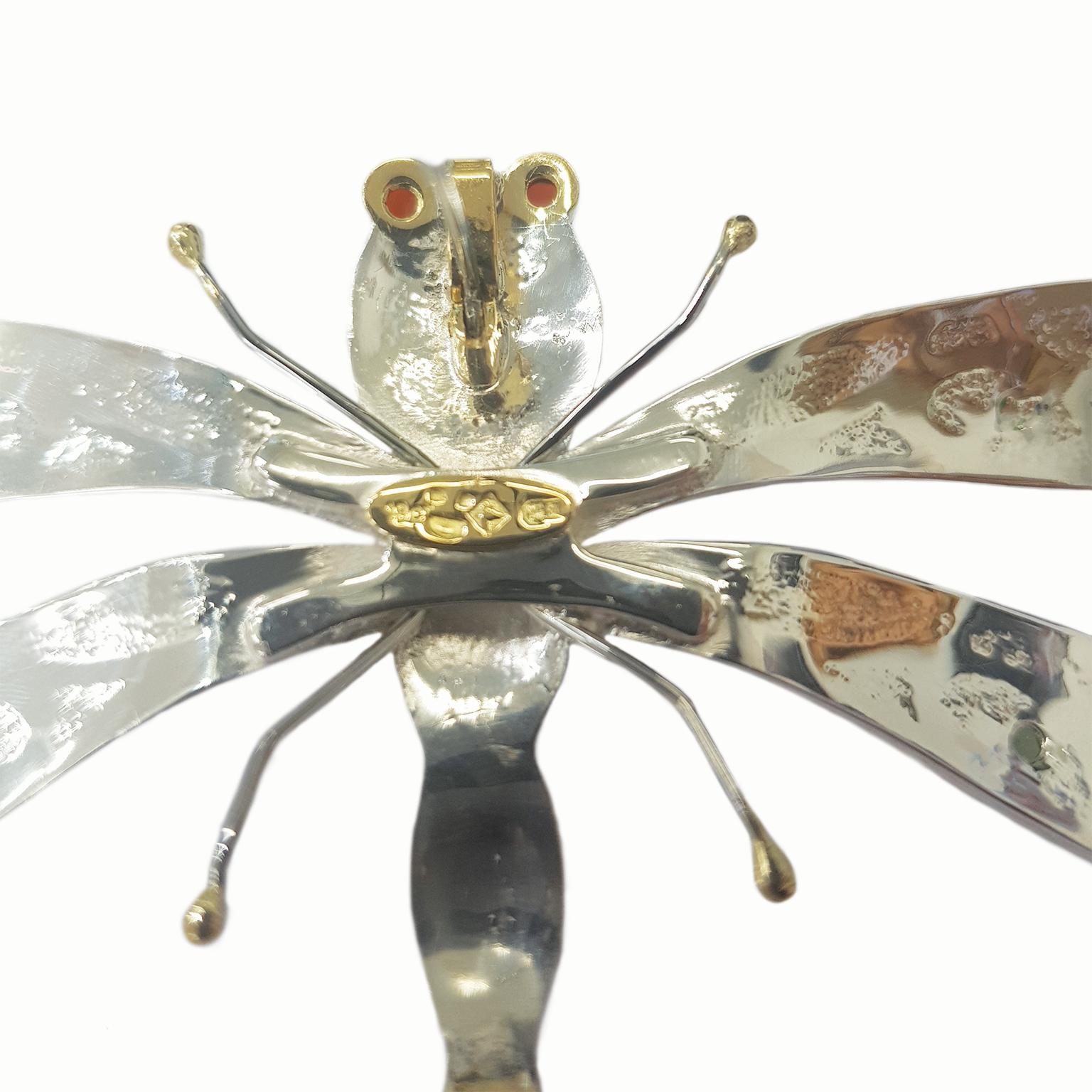 Mixed Cut Paul Amey Dragonfly Pendant-Brooch in Sterling Silver with Diamonds and Garnets For Sale