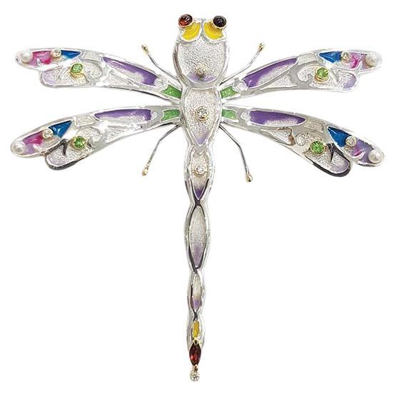 Paul Amey Dragonfly Pendant-Brooch in Sterling Silver with Diamonds and Garnets