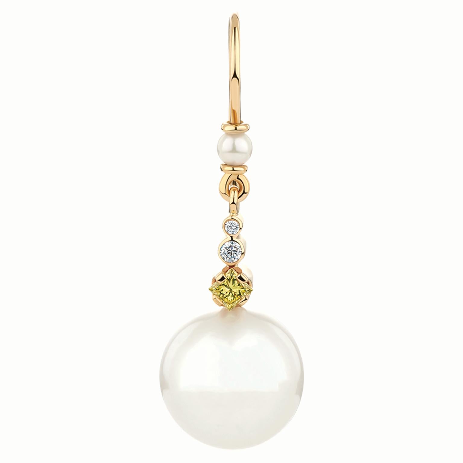 Modern Paul Amey Hand Crafted South Sea Pearl, 18K Gold and Yellow Diamond Earrings For Sale