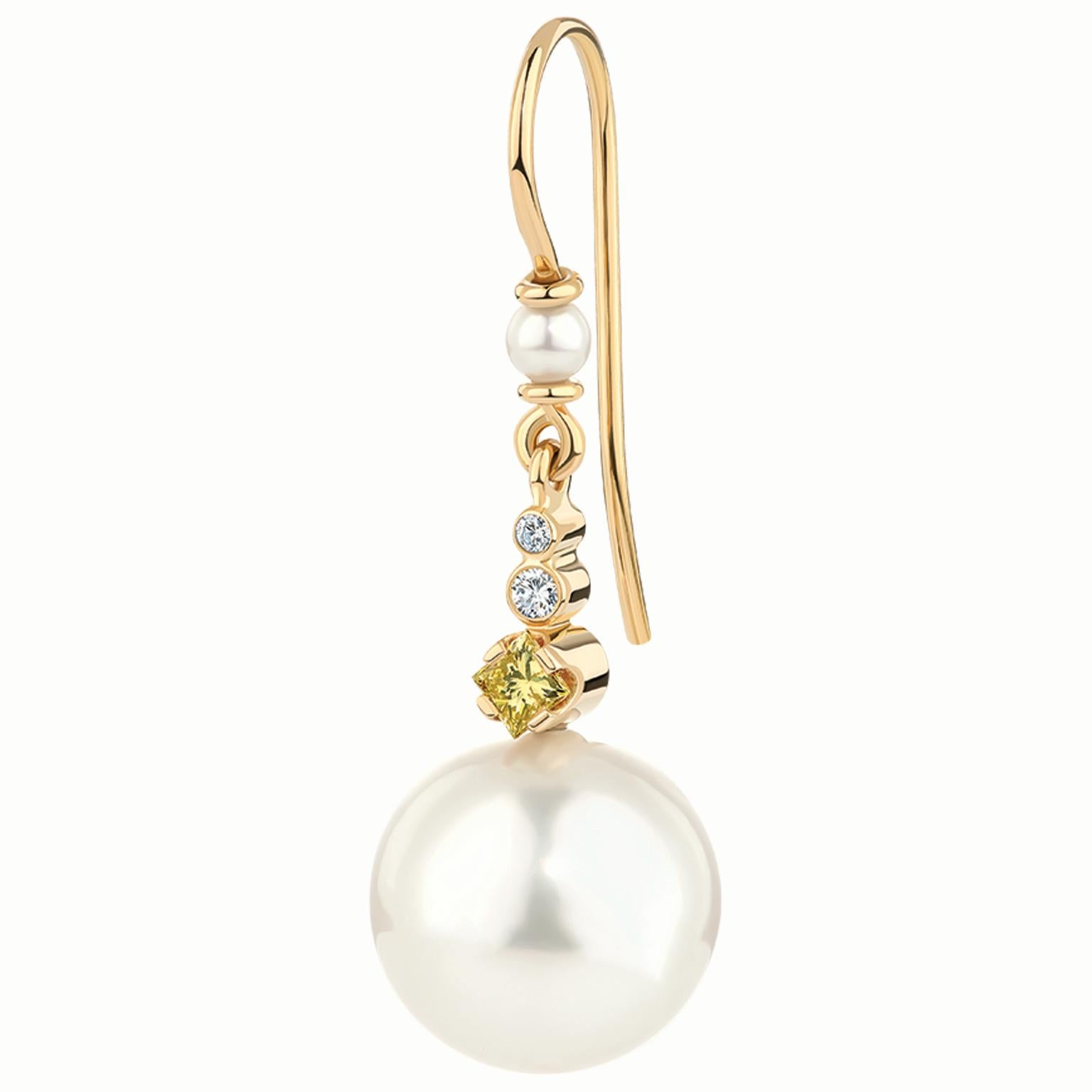 Mixed Cut Paul Amey Hand Crafted South Sea Pearl, 18K Gold and Yellow Diamond Earrings For Sale