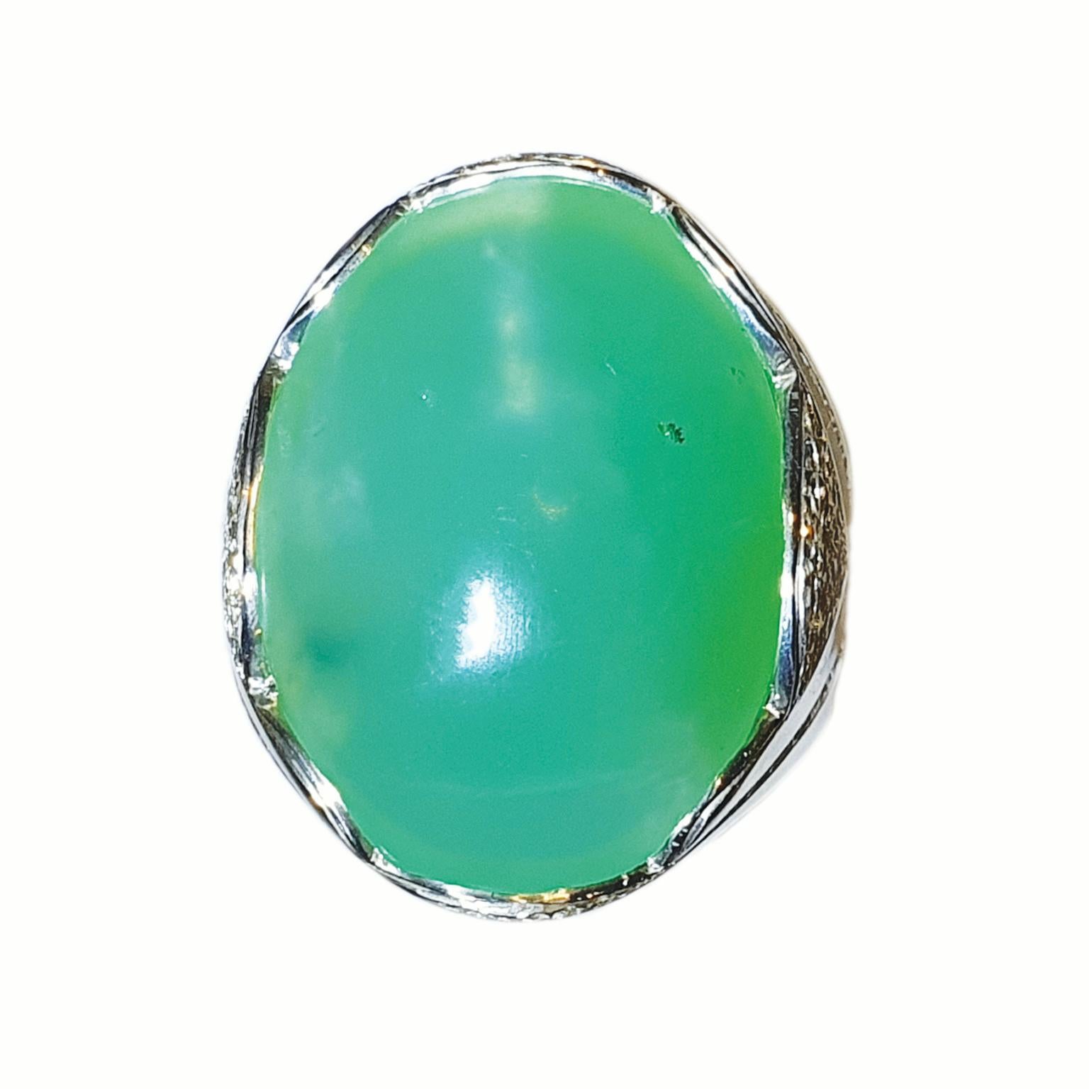 Oval Cut Paul Amey Hand Crafted Sterling Silver and Natural Chrysoprase Ring For Sale