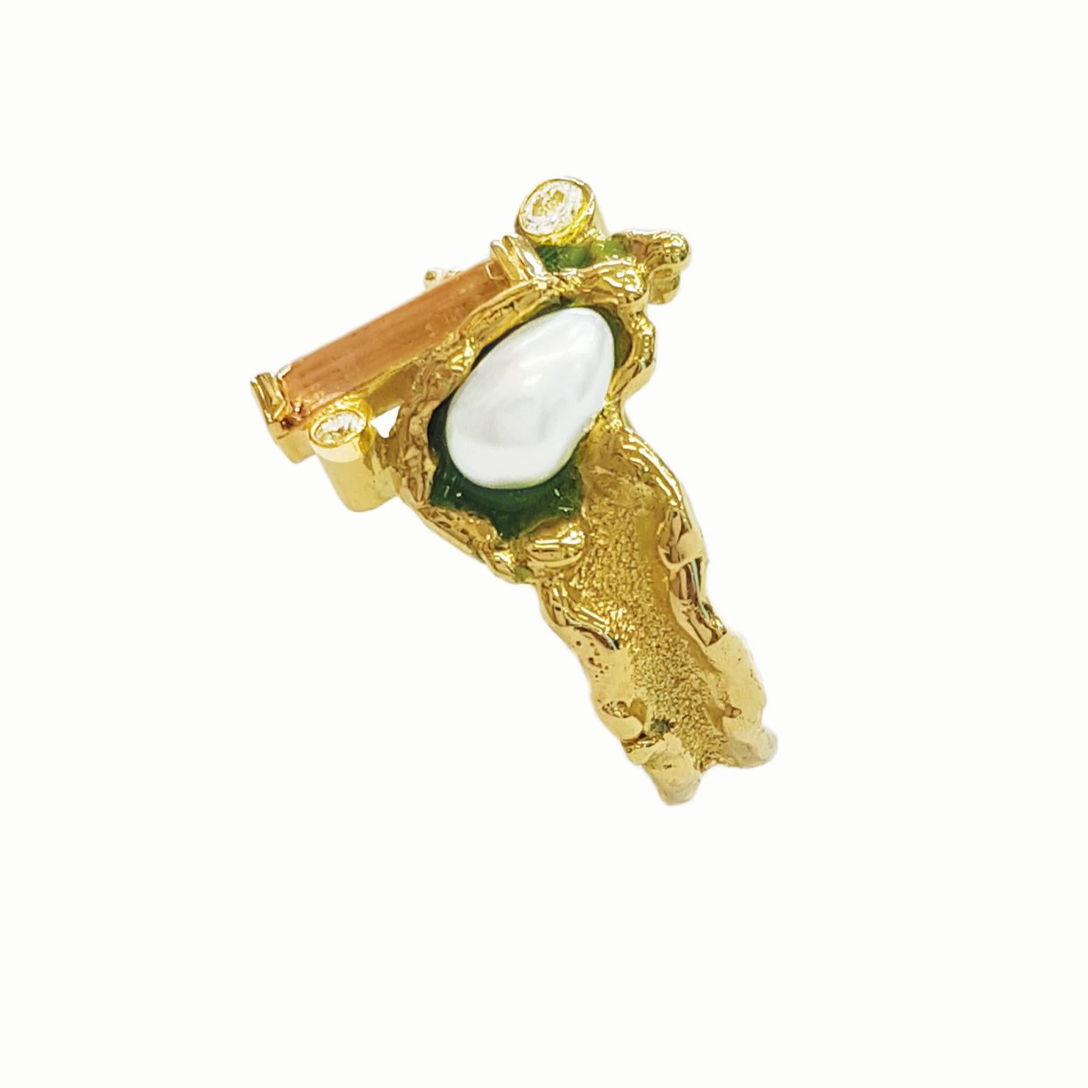 Artisan Paul Amey Imperial Topaz, Pearl and Diamond Molten Edge 18K Ring For Sale