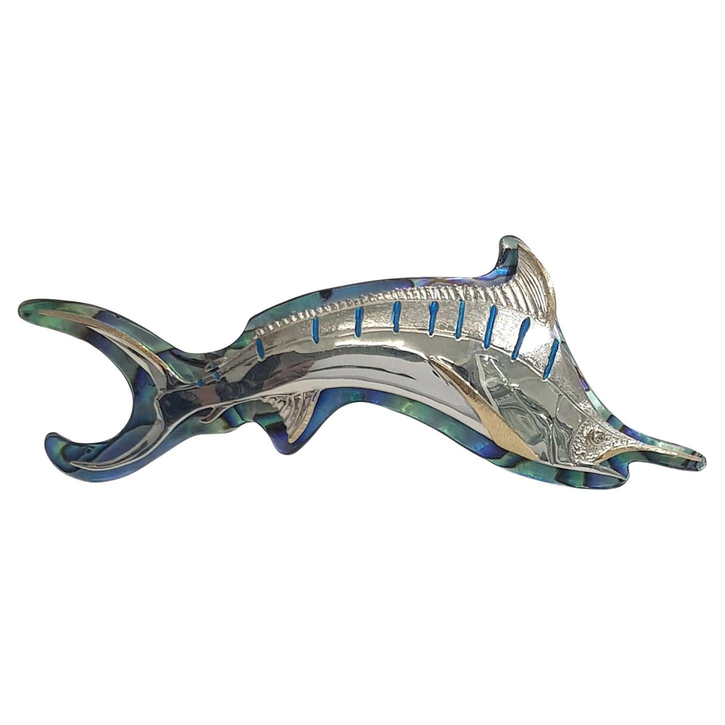 Paul Amey Marlin Brooch in Sterling Silver, 9K Gold, Diamond and Paua Shell For Sale