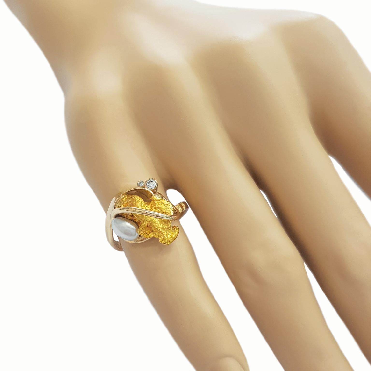 Artisan Paul Amey Natural Australian Nugget Ring in 9K Yellow Gold with Diamonds For Sale