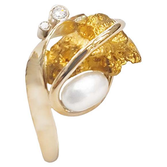 Paul Amey Natural Australian Nugget Ring in 9K Yellow Gold with Diamonds For Sale