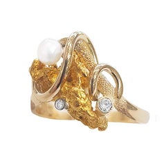 Paul Amey Natural Gold Nugget, Diamond and Pearl Ring