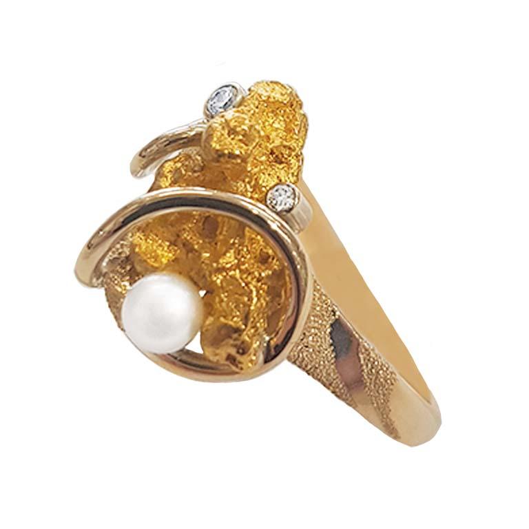 Artisan Paul Amey Natural Gold Nugget, Diamond and Pearl Ring For Sale