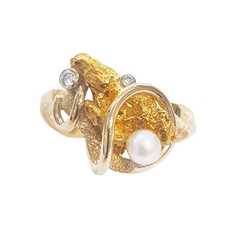 Mixed Cut Paul Amey Natural Gold Nugget, Diamond and Pearl Ring For Sale