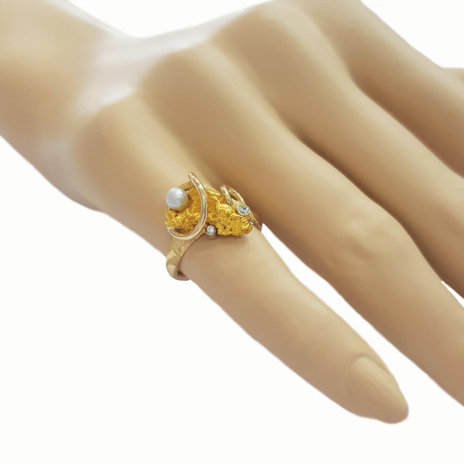 Paul Amey Bague en or naturel avec pépites, diamants et perles Unisexe en vente