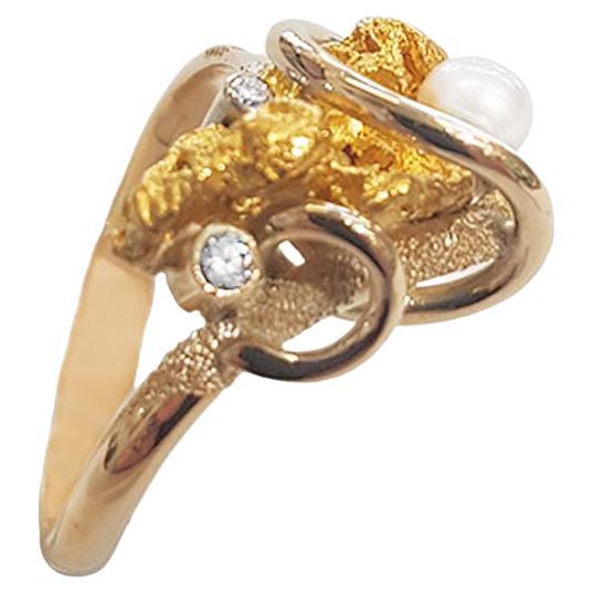 Paul Amey Natural Gold Nugget, Diamond and Pearl Ring For Sale