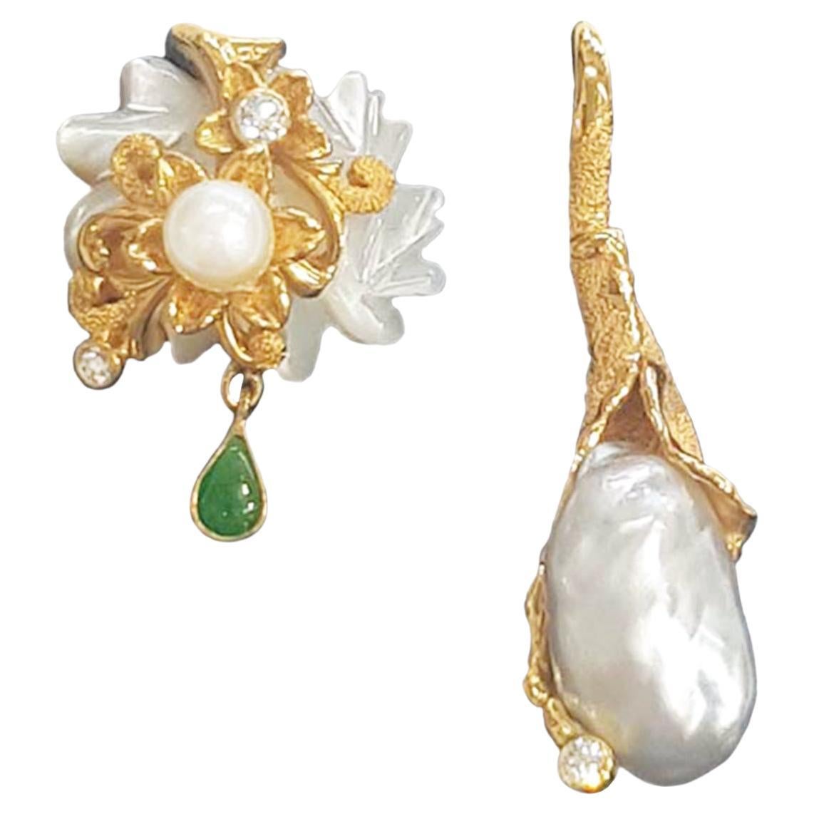 Paul Amey Offset Gold, Pearl, Diamond and Jade Diamond Earrings